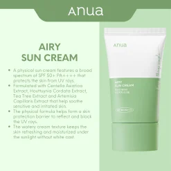 ANUA - Airy Sun Cream SPF50+ PA++++ Crème Solaire 50ml