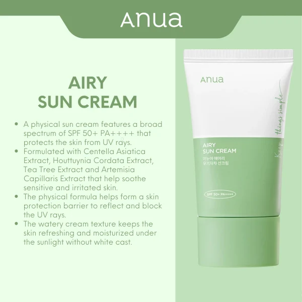 ANUA – Airy Sun Cream SPF50+ PA++++ Crème Solaire 50ml